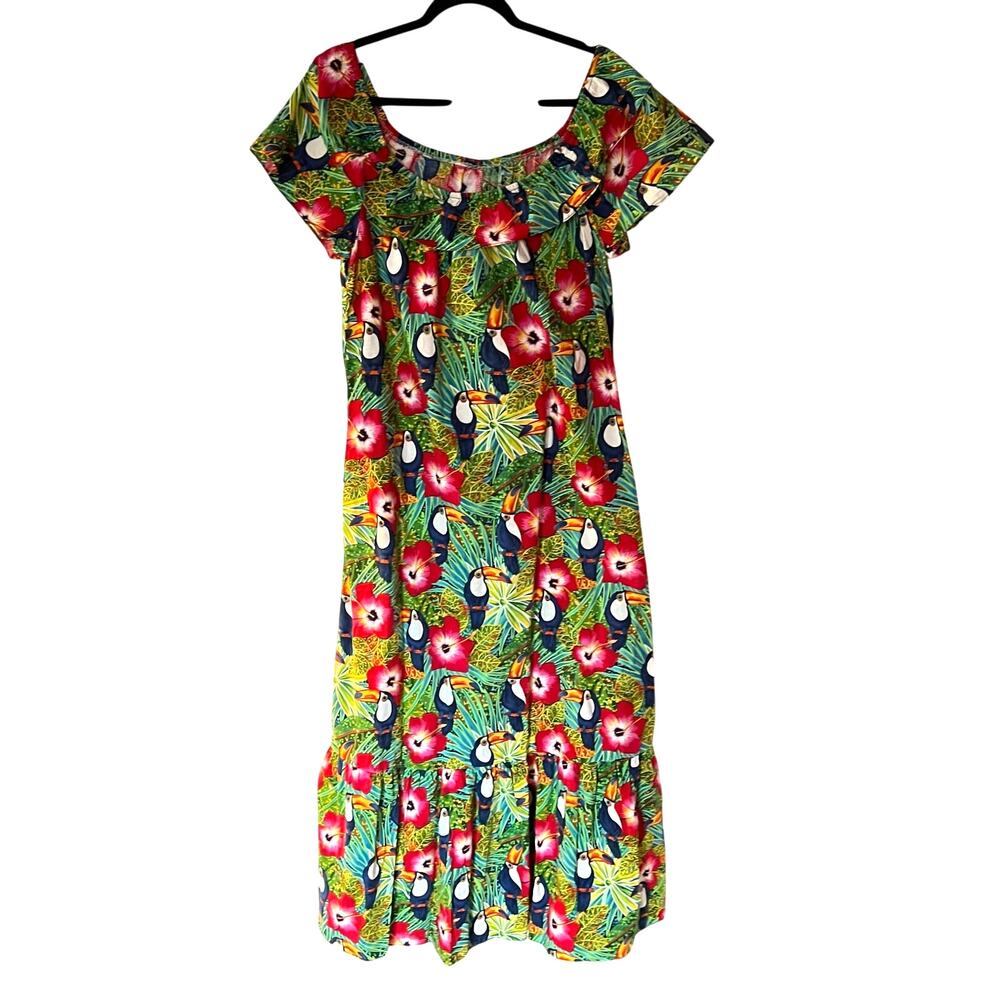 Hilo Hattie Tropical Toucan and Floral Off the Shoulder Maxi Dress/Mumu SZ M